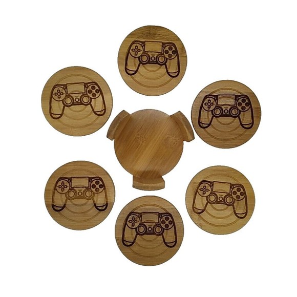 6 Video Game Controller Laser Engraved Bamboo Coasters With Holder - Gamer Cave - Picture 3 of 5